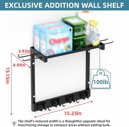 Broom Holder Wall Mount with Cleaning Supplies Organizer, Laundry Room Organization and Storage Shelves, Mop Hanger Broom Rack with Hooks, Home Improvement Kitchen Shelf Garage Organizer