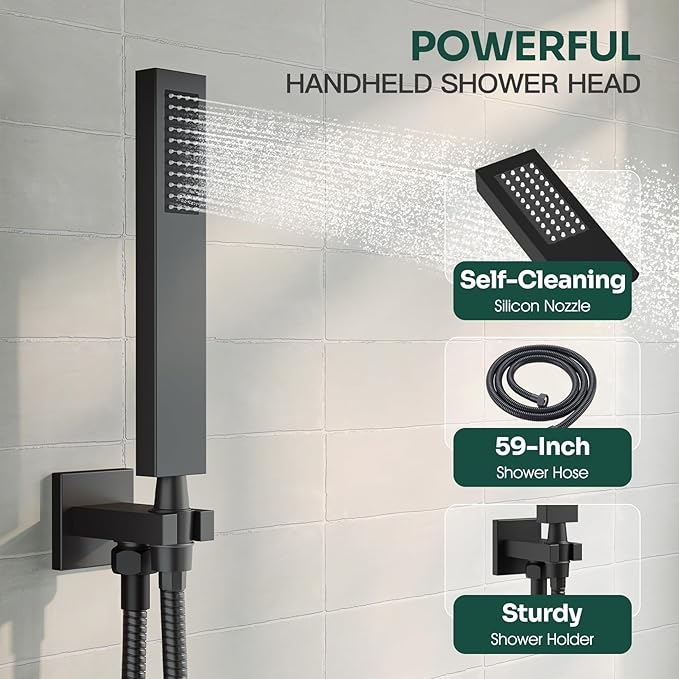 Ceiling Mount Shower Faucet Set, Black Shower System with 10-Inch Rain Showerhead and Handheld Spray Combo, High-Pressure Showerheads Set with Valve and Trim Kit, Matte Black