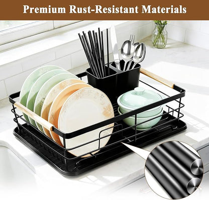 Dish Racks for Kitchen Counter, Thickened Metal Dish Drying Rack with Wooden Handles, Kitchen Countertop Organizer for Dishes, Spoons and Forks, No Assembly, Black, 16.7''*12.6''*5.12''
