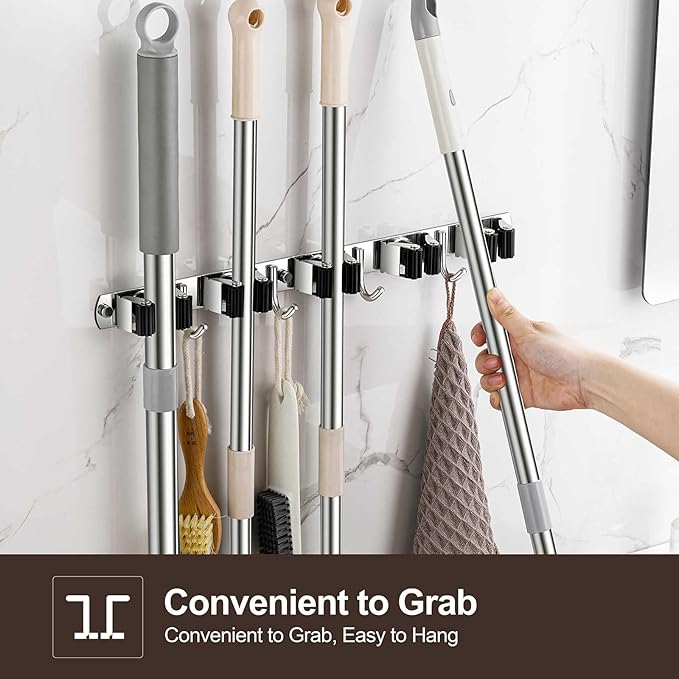 2 Pack Broom Holder Wall Mount, Stainless Steel Broom Hanger Wall Mount, Heavy Duty Mop and Broom Holder Tool Racks Utility Hooks for Laundry Room Garden Garage, Black (4 Racks and 5 Hooks)