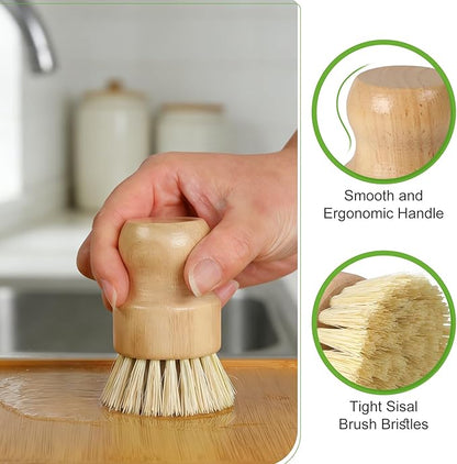 4 Pack Bamboo Dish Brush Set, Natural Kitchen Scrub Brush with Sisal Bristles, Wooden Dish Scrubber for Cleaning Dishes, Pots, Vegetables and Sink