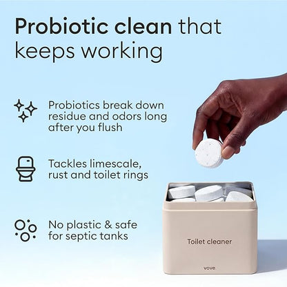 Vove Probiotic Toilet Bowl Cleaner Tablets Starter Set with Tin, 12 Count - Lime Eucalyptus, Citric Acid + Oxygen Bleach, Removes Hard Water & Limescale, Plant-Based, Septic Safe, Plastic-Free