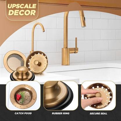 Mudder 3 Pcs Kitchen Sink Drain Strainer and Stopper Stainless Steel Garbage Disposal Plug with Handle Universal Anti-Clogging Kitchen Sink Filter Sieve Basket Strainer (Champagne Bronze)