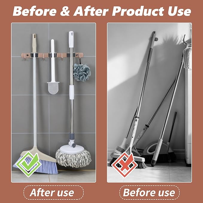 3 Racks and 4 Heavy Duty Hooks Mop and Broom Holder Wall Mount, Stainless Steel Broom Organizer Storage Utility Tool Racks for Home, Kitchen, Garage, Laundry Room. Rose Gold