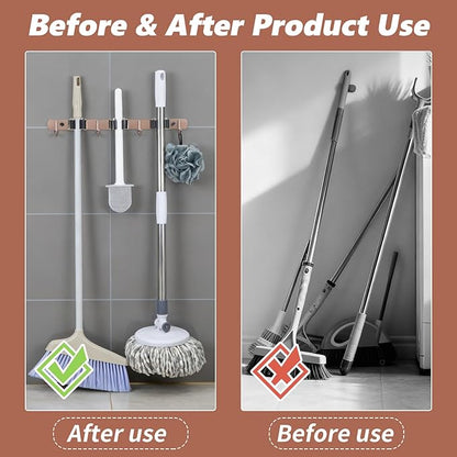 3 Racks and 4 Heavy Duty Hooks Mop and Broom Holder Wall Mount, Stainless Steel Broom Organizer Storage Utility Tool Racks for Home, Kitchen, Garage, Laundry Room. Rose Gold