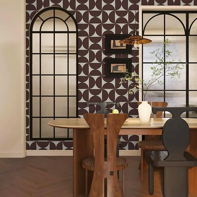 Dimoon 393"x17.3"Peel and Stick Wallpaper Geometric Contact Paper Vintage Dark Red Beige Wall Paper Removable Square Waterproof Self Adhesive Wall Covering for Bedroom Shelf Liner Decal Vinyl Roll
