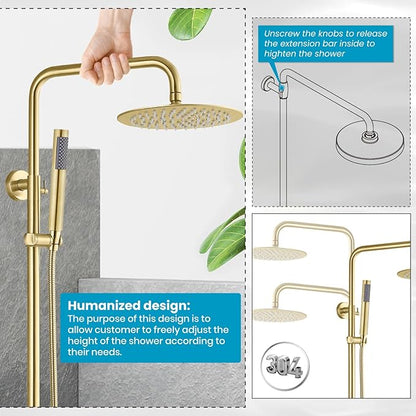 gotonovo Outdoor Shower Fixtures SUS304 Stainless Steel Rain Shower Kit Faucet High Pressure Wall Mount 2 Dual Function 8 Inch Showerhead and Handheld Spray Combo, Single Handle, Brushed Gold