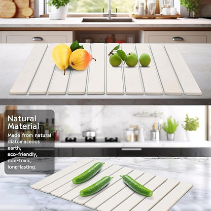 Large Stone Dish Drying Mats for Kitchen Counter, 24"(L)×16"(W), Fast Drying Collapsible Dish Drying Mat, Eco-Friendly Absorbent Diatomaceous Earth Mats for Dishes Bottles Cups, Match Any Countertop
