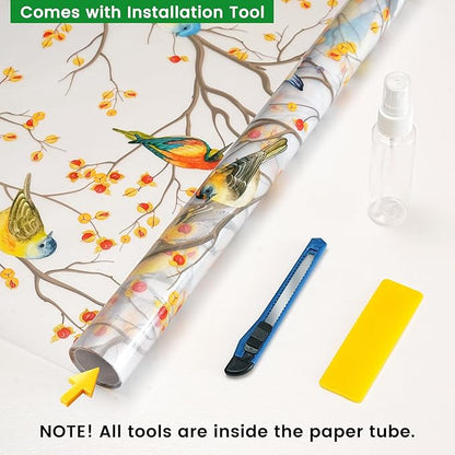 DKTIE Window Privacy Cling Film with Installation Tools, Stained Glass Opaque Non-Adhesive Frosted Bird Coverings Removable for Bathroom Shower Door Frosted (S3533, 17.7in X 78.7in)