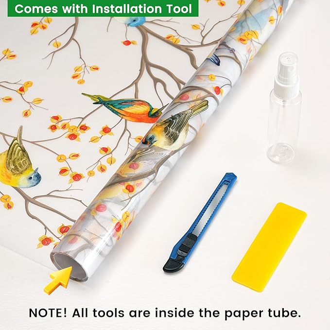 DKTIE Window Privacy Cling Film with Installation Tools, Stained Glass Opaque Non-Adhesive Frosted Bird Coverings Removable for Bathroom Shower Door Frosted (S3533, 23.6in X 78.7in)