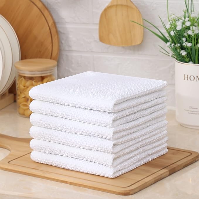 Kitinjoy 100% Cotton Kitchen Dish Cloths (12 X 12 Inches, White), 6 Pack Waffle Weave Ultra Soft Absorbent Dish Towels for Drying Dishes Quick Drying Kitchen Towels Dish Rags