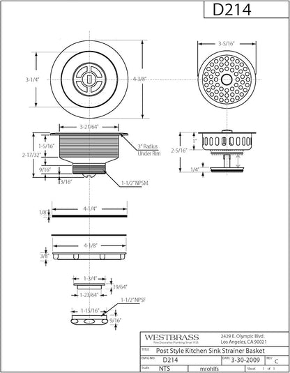 Westbrass A214-20 3-1/2" Post Style Large Kitchen Sink Basket Strainer, Stainless Steel