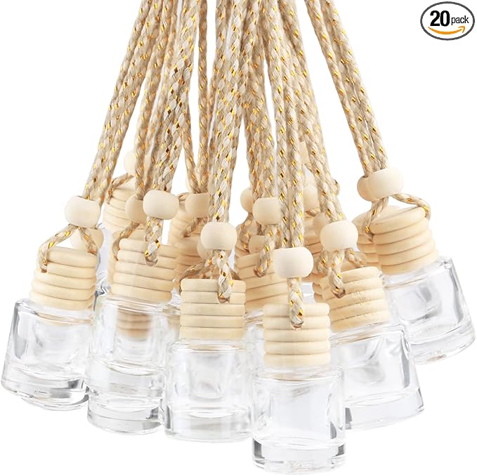 20 Pcs 8ml Hanging Car Air Freshener Diffuser,Empty Clear Glass Essential Diffuser Oil Aromatherapy Fragrance Perfume Pendant Glass Vials with Wooden Caps & Hanging String,Cylindrical