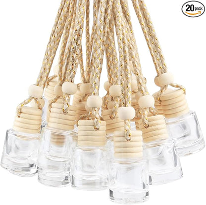 20 Pcs 8ml Hanging Car Air Freshener Diffuser,Empty Clear Glass Essential Diffuser Oil Aromatherapy Fragrance Perfume Pendant Glass Vials with Wooden Caps & Hanging String,Cylindrical