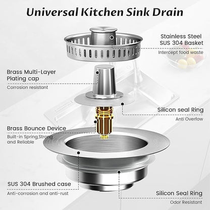 Kitchen Sink Drain Strainer – 304 Stainless Steel 3-in-1 Pop Up Design, Anti-Clogging Sink Strainer Basket for US Standard 3.5" Kitchen Drain, Water Storage & Debris Filter