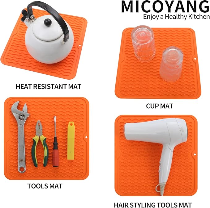 MicoYang Silicone Dish Drying Mat for Multiple Usage,Easy clean,Eco-friendly,Heat-resistant Silicone Mat for Kitchen Counter or Sink,Refrigerator or Drawer liner Orange M 12 inches x 12 inches