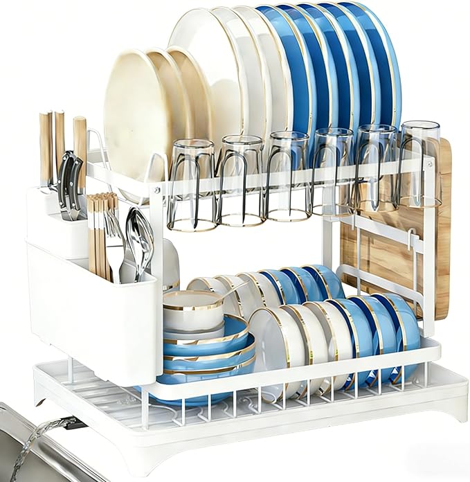 2 Tier Dish Drainers Drying Rack for Kitchen Counter Dishes Drain with Drainboard, Space Saving, Countertop Dryer Strainer Holder and Extra Tray, White