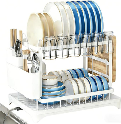 2 Tier Dish Drainers Drying Rack for Kitchen Counter Dishes Drain with Drainboard, Space Saving, Countertop Dryer Strainer Holder and Extra Tray, White