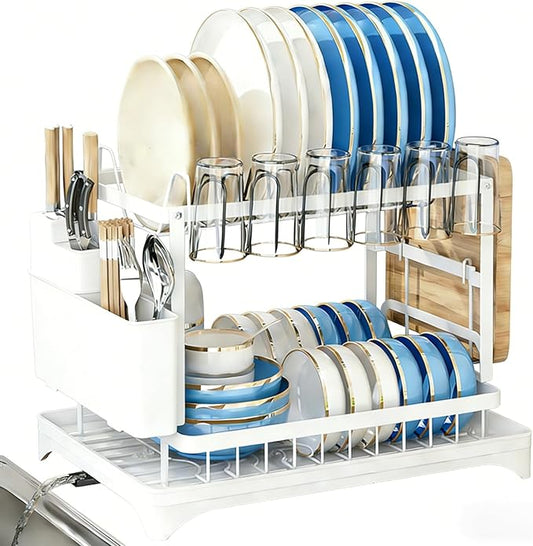 2 Tier Dish Drainers Drying Rack for Kitchen Counter Dishes Drain with Drainboard, Space Saving, Countertop Dryer Strainer Holder and Extra Tray, White
