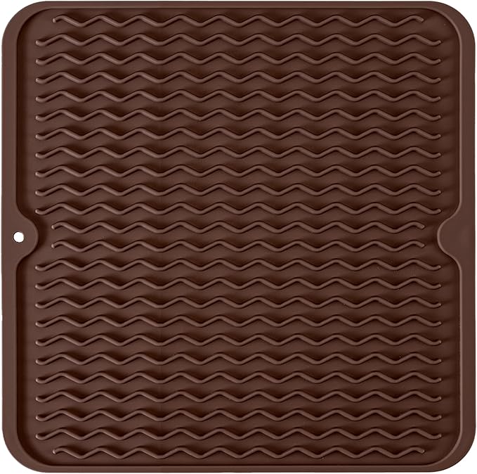 Silicone Dish Drying Mat, Non-Slip Easy Clean Sink Mat Large Heat-resistant Dish Drainer Mat for Kitchen Counter, Sink, Refrigerator or Drawer liner (12" x 12", COFFEE)