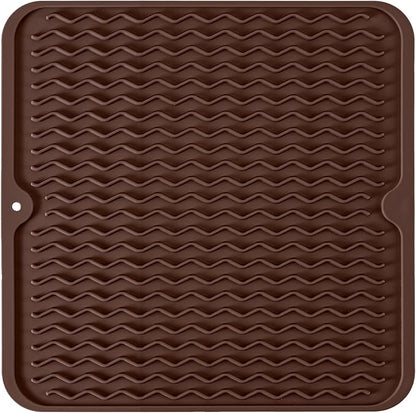 Silicone Dish Drying Mat, Non-Slip Easy Clean Sink Mat Large Heat-resistant Dish Drainer Mat for Kitchen Counter, Sink, Refrigerator or Drawer liner (12" x 12", COFFEE)