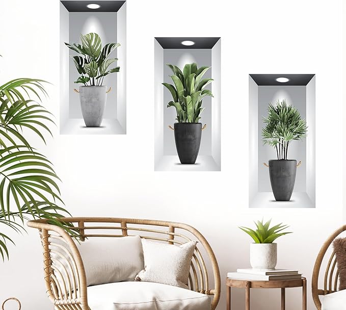Tanlaby 3 Pack Green Plants Wall Stickers 3D Realistic Potted Plant Wall Decals Self-Adhesive Mural Removable Natural Art Sticker for Office Living Room Bedroom Art Room Sofa Backdrop Decor