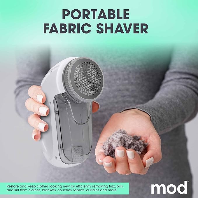 MOD Portable Fabric Shaver and Lint Remover, Reusable Pet Hair Remover,Roller for Clothes, Sweater Shaver, Couch, Blankets, Curtains with Detachable Lint Collector Tank, Battery Operated, White/Gray