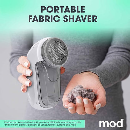 MOD Portable Fabric Shaver and Lint Remover, Reusable Pet Hair Remover,Roller for Clothes, Sweater Shaver, Couch, Blankets, Curtains with Detachable Lint Collector Tank, Battery Operated, White/Gray