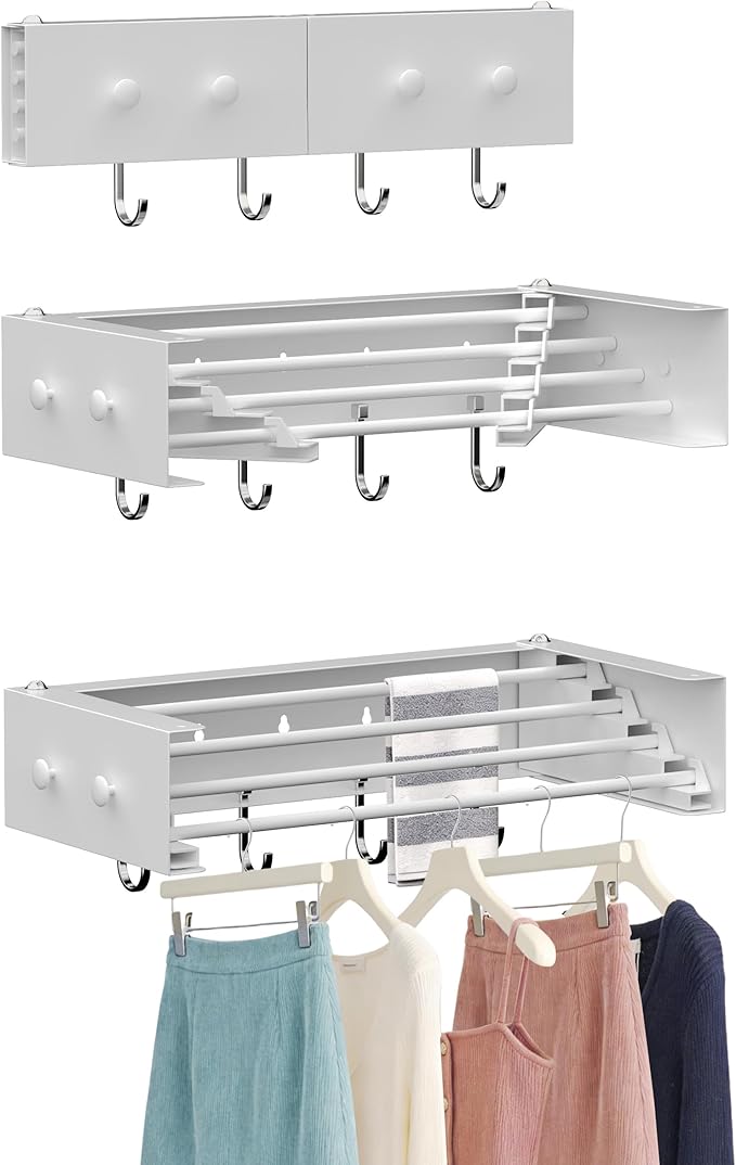 Wall Mounted Drying Rack with Hooks - Retractable Clothes Drying Rack with 4 Movable Hooks & 2 Knobs, 60LBS Heavy Duty Laundry Hanger, Foldable Wall Rack for Mudroom, Bathroom & Entryway