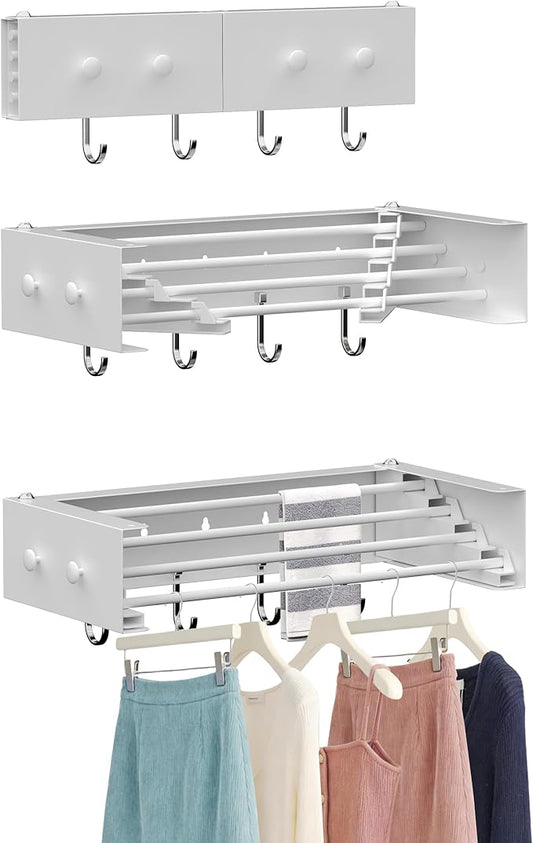 Wall Mounted Drying Rack with Hooks - Retractable Clothes Drying Rack with 4 Movable Hooks & 2 Knobs, 60LBS Heavy Duty Laundry Hanger, Foldable Wall Rack for Mudroom, Bathroom & Entryway