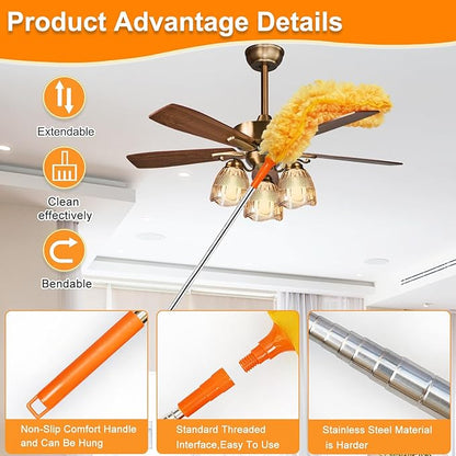 100" Reachable Microfiber Feather Duster, Duster with Extension Pole, 3 pcs Replacement Duster Head, Cleaning Tools for High Ceilings and Fans, Blinds, Cars and Furniture
