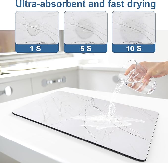CooRug Marble Pattern Dish Drying Mat, Absorbent Coffee Bar Mat for Kitchen Counter, Non-slip Pad with Rubber Backed, Washable and Easy to Clean 12" x 20" Light Marble