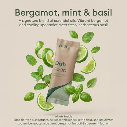 Vove Dish Soap Refills 3-Pack, Bergamot Mint & Basil, Powder-to-Gel Dishwashing Liquid Refill, Plant-Based Concentrated Formula, Grease-Cutting Power, Plastic-Free Compostable Packaging, Essential oil