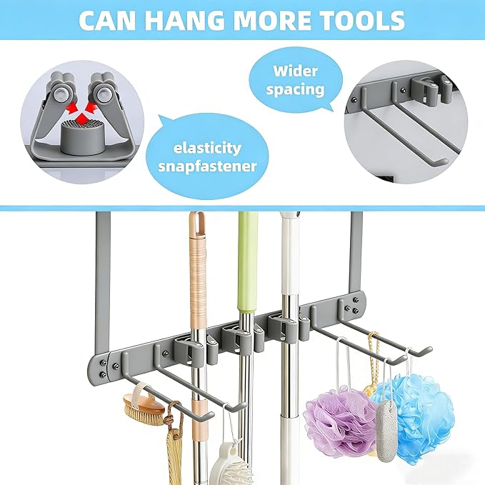 Broom Holder Door Mount,Door Mounted Broom and Mop Holder with Dual Tool Hooks, Three Slots, and One Tool Storage Basket For Laundry Room, Garage, Closet, warehouse, Kitchen Decor (grey)