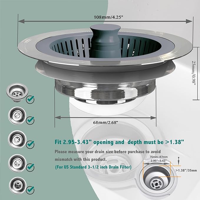 Kitchen Sink Drain Strainer 3 in 1, 304 Stainless Steel Pop Up Sink Stopper, Anti-Clogging Sink Stopper, Kitchen Drain Catcher, Food Catcher for US Standard (Silver Brushed 2#)