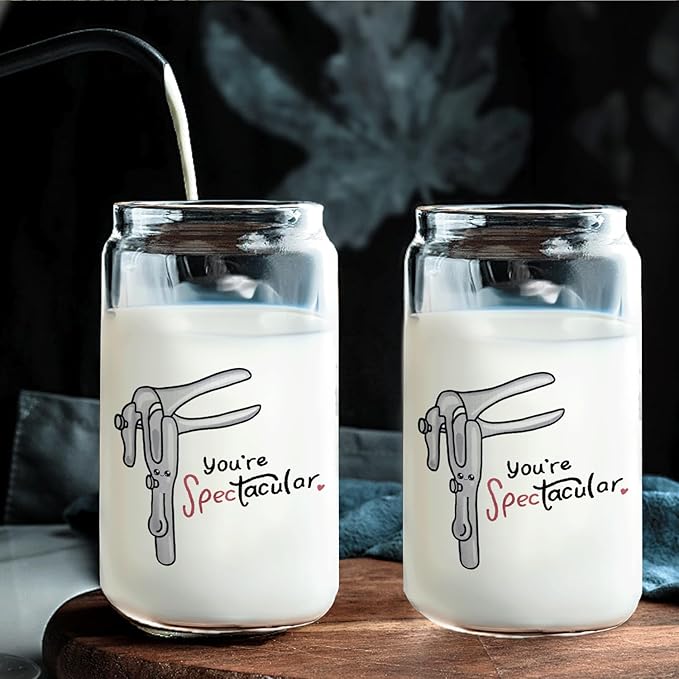 Midwife Doctor Nurse Gifts Iced Coffee Glass Cup, You're Spec-Tacular Glass Cup with Lids and Straws 14oz, Midwife Thank You Gifts Coffee Tumbler Drinking Jars with Cleaning Brush