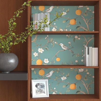 Green Floral Wallpaper Peel and Stick, Birds & Orange Fruits Contact Paper 17.5" x 393.7",Vintage Botanical Boho Wall Paper Self Adhesive Waterproof Removable for Room Shelves Cabinet Drawer Table
