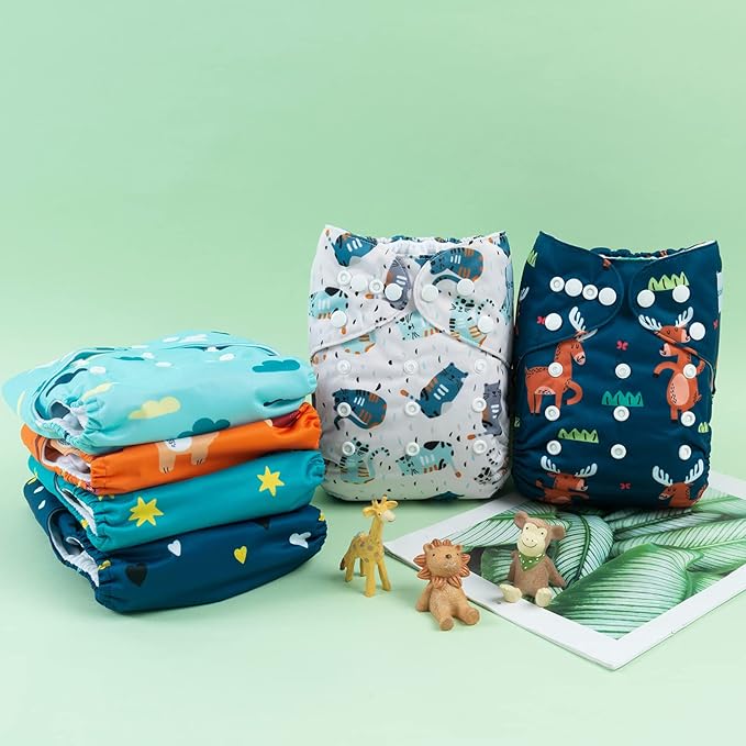 babygoal Baby Reusable Cloth Diapers 6 Pack+6pcs Rayon from Bamboo Inserts+Wet Bag, One Size Adjustable Washable Pocket Nappy Covers for Boys