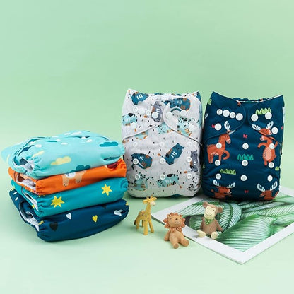 babygoal Baby Reusable Cloth Diapers 6 Pack+6pcs Rayon from Bamboo Inserts+Wet Bag, One Size Adjustable Washable Pocket Nappy Covers for Boys