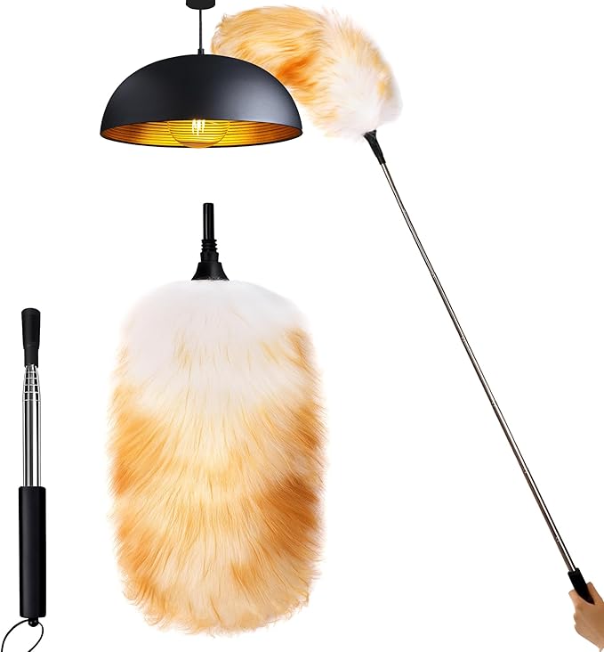 Lambswool Feather Duster with Extension Pole up to 57.5inch,Extendable Feather Duster Used for Cleaning High Ceiling Fan, High Ceilings,Furniture,Hard to Reach Areas