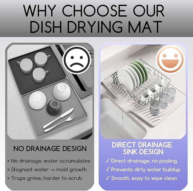 Large Premium Silicone Dish Drying Mat for Kitchen Counter - 18.5"x13" Non-Slip, Heat-Resistant (450°F) with Fast Drain & Hanging Hole, Multi-Use Kitchen Sink Drying Mat (Cream White)
