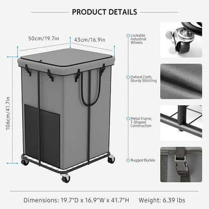 Large Laundry Hampers with Lid, Oxford Fabric Laundry Hampers, Metal Frame and Removable Bag Design with Wheels, Suitable for Bedroom, Bathroom, Dorm Room, Laundry Room (Grey with Lid)