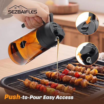 2 in 1 Oil Sprayer for Cooking, Olive Oil Dispenser Bottle for Kitchen Spray and Pour, 16oz/470ml Light-Blocking Dark Amber Glass Brown Bottle, Food-Grade Oil Mister for Air Fryer Green Cap