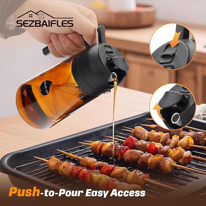 2 in 1 Oil Sprayer for Cooking, Olive Oil Dispenser Bottle for Kitchen Spray and Pour, 16oz/470ml Light-Blocking Dark Amber Glass Brown Bottle, Food-Grade Oil Mister for Air Fryer Black Cap