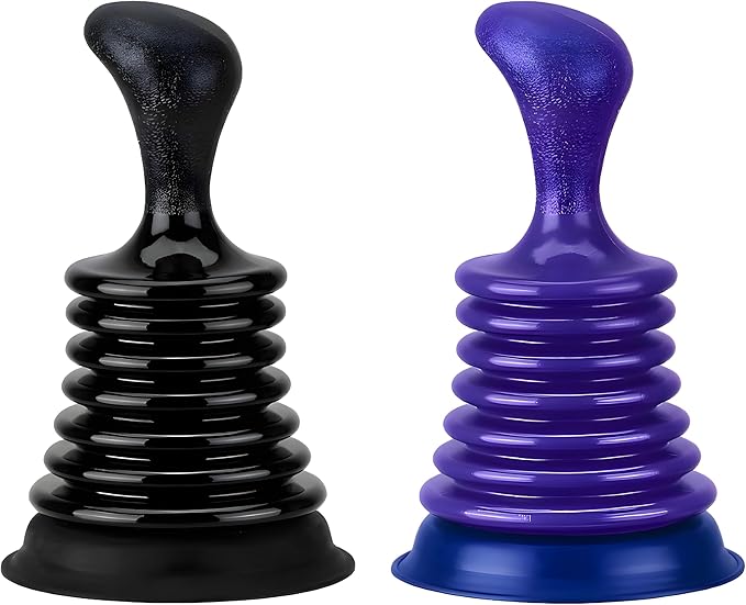 Mini Sink Plunger 2 Pack (Blue & Black), Powerful Bellows Clog Remover, Commercial Style Plumbing Tool for Kitchen & Bathroom Drains, Compact for Sink, Bathtub & Shower