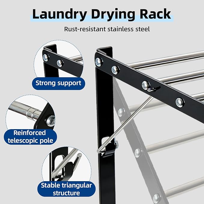 Wall Mounted Drying Rack for Laundry, 13”-23” Retractable Clothes Drying Rack, Drying Rack Clothing with 5 Smooth Round Stainless Steel Rods, Space Saving for Bathroom, Laundry Room, Apartments, Black