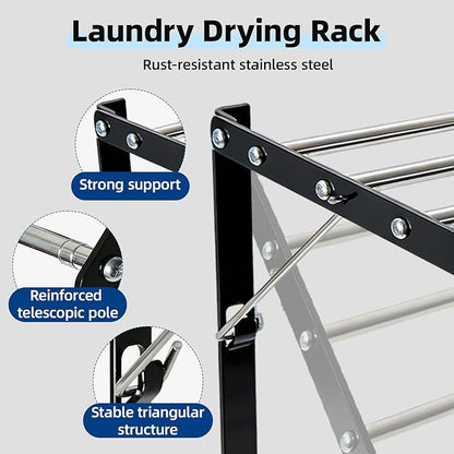 Wall Mounted Drying Rack for Laundry, 13”-23” Retractable Clothes Drying Rack, Drying Rack Clothing with 5 Smooth Round Stainless Steel Rods, Space Saving for Bathroom, Laundry Room, Apartments, Black
