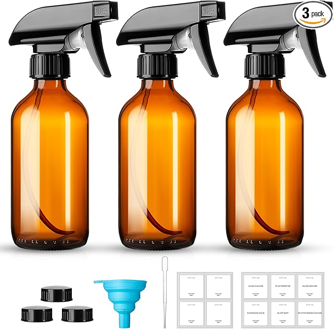 Vitreaux 8oz Amber Glass Spray Bottles,3 Pack Glass Spray Bottles Refillable Empty Bottle with Adjustable Nozzle,Spray Bottle for Essential Oils,Cleaning Solutions,Pets,Hair Mister,Gardening