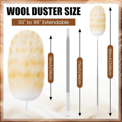 Remerry Extendable Lambswool Cleaning Duster 30-96 Inch, Wall Duster Cleaner with Stainless Steel Extension Pole for High Ceiling Fan, Interior, and Roof Dusting