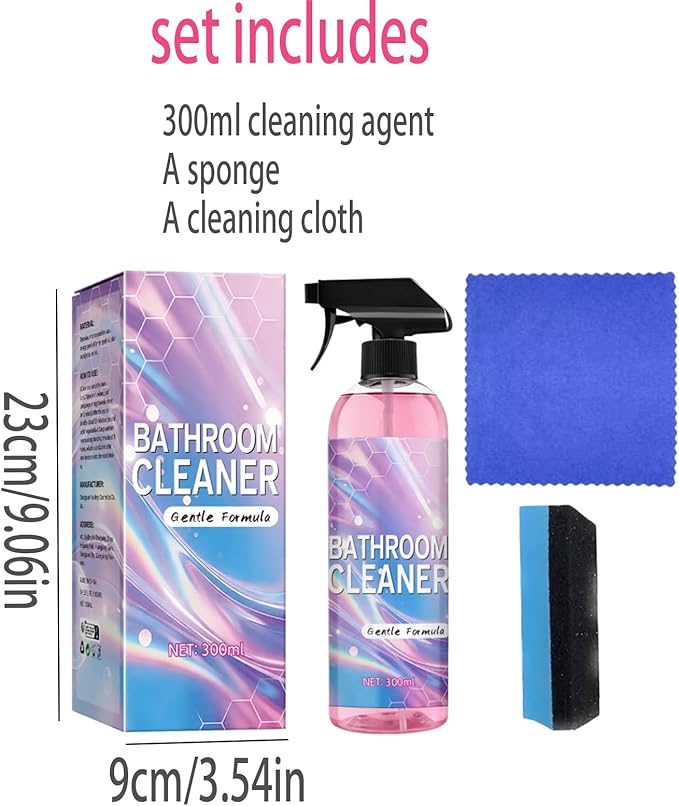Bathroom Cleaner, All-Purpose Powerful Pink Bathroom Cleaner Spray Kit with Foam Descaler Spray, Microfiber Towel, and Scrub Sponge – Gentle Formula for Tubs, Tiles, Showers, and Glass Surfaces 300ml